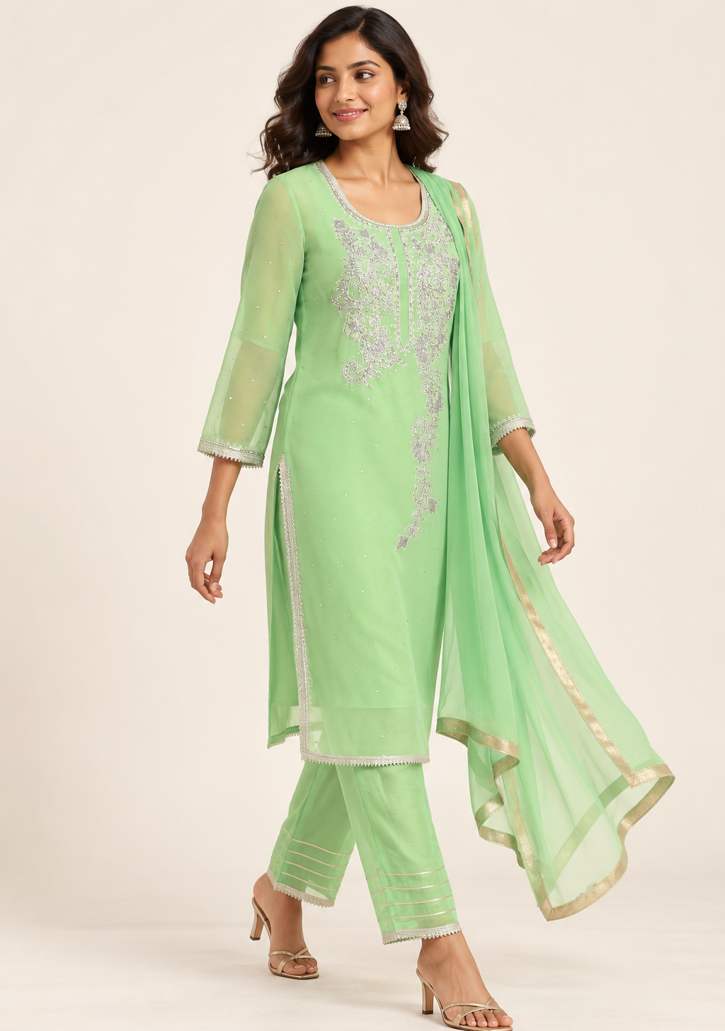 Minsu Mint Green Embroidered Suit with Trousers & Dupatta | ibBan