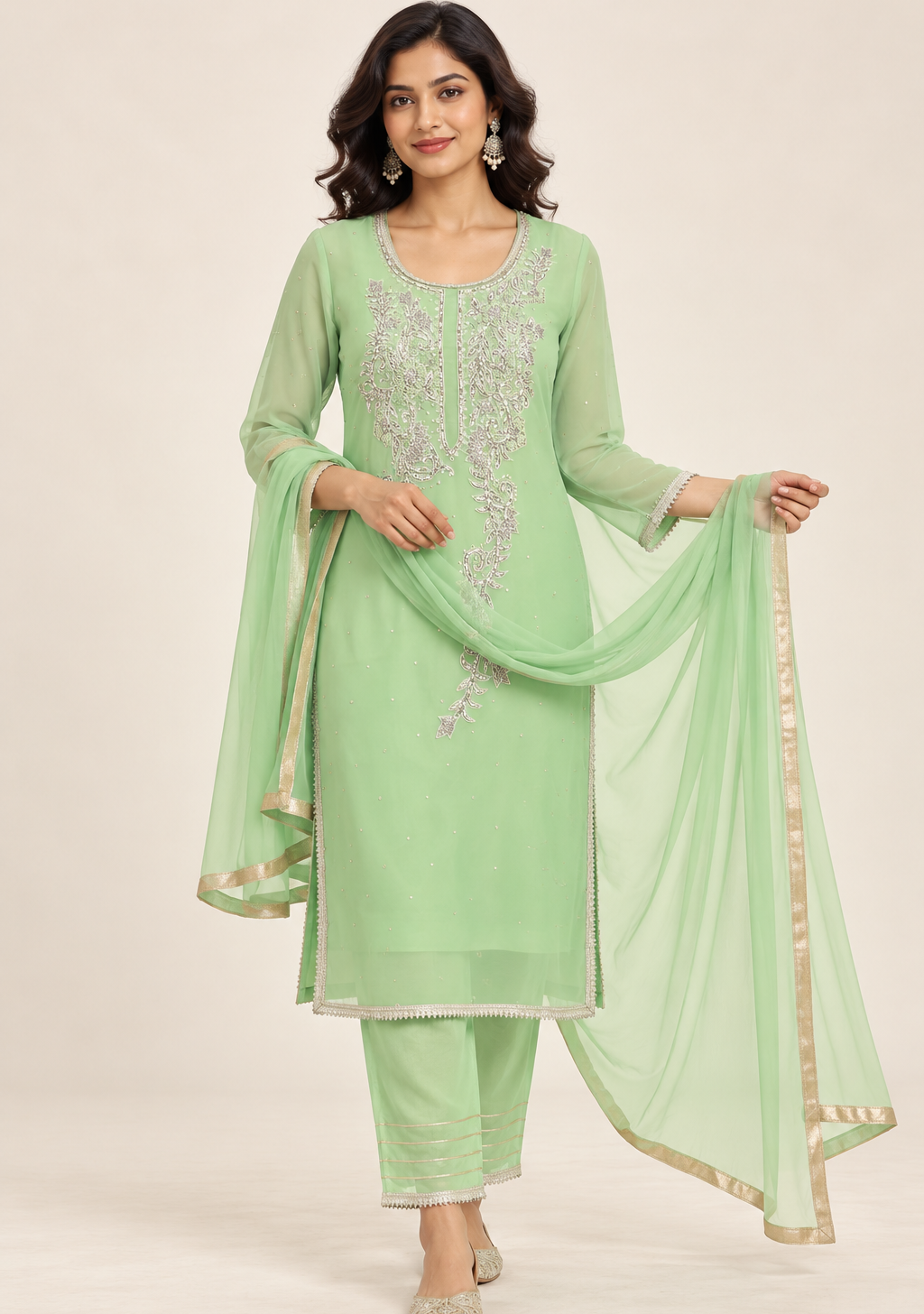 Minsu Mint Green Embroidered Suit with Trousers & Dupatta | ibBan