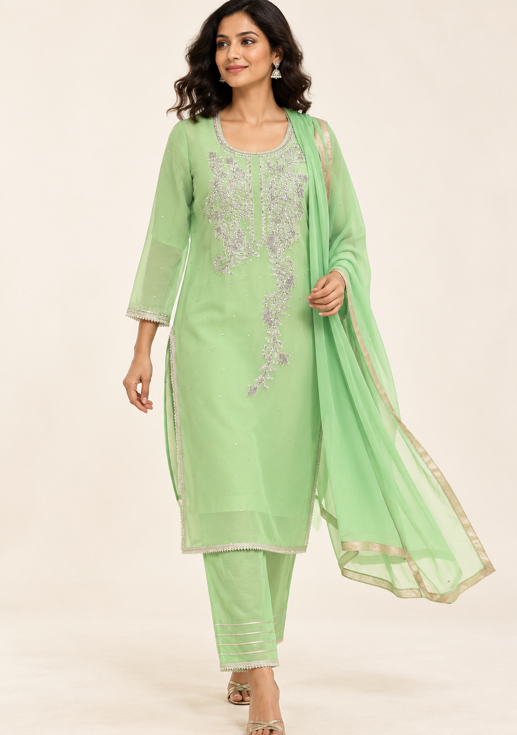 Minsu Mint Green Embroidered Suit with Trousers & Dupatta | ibBan