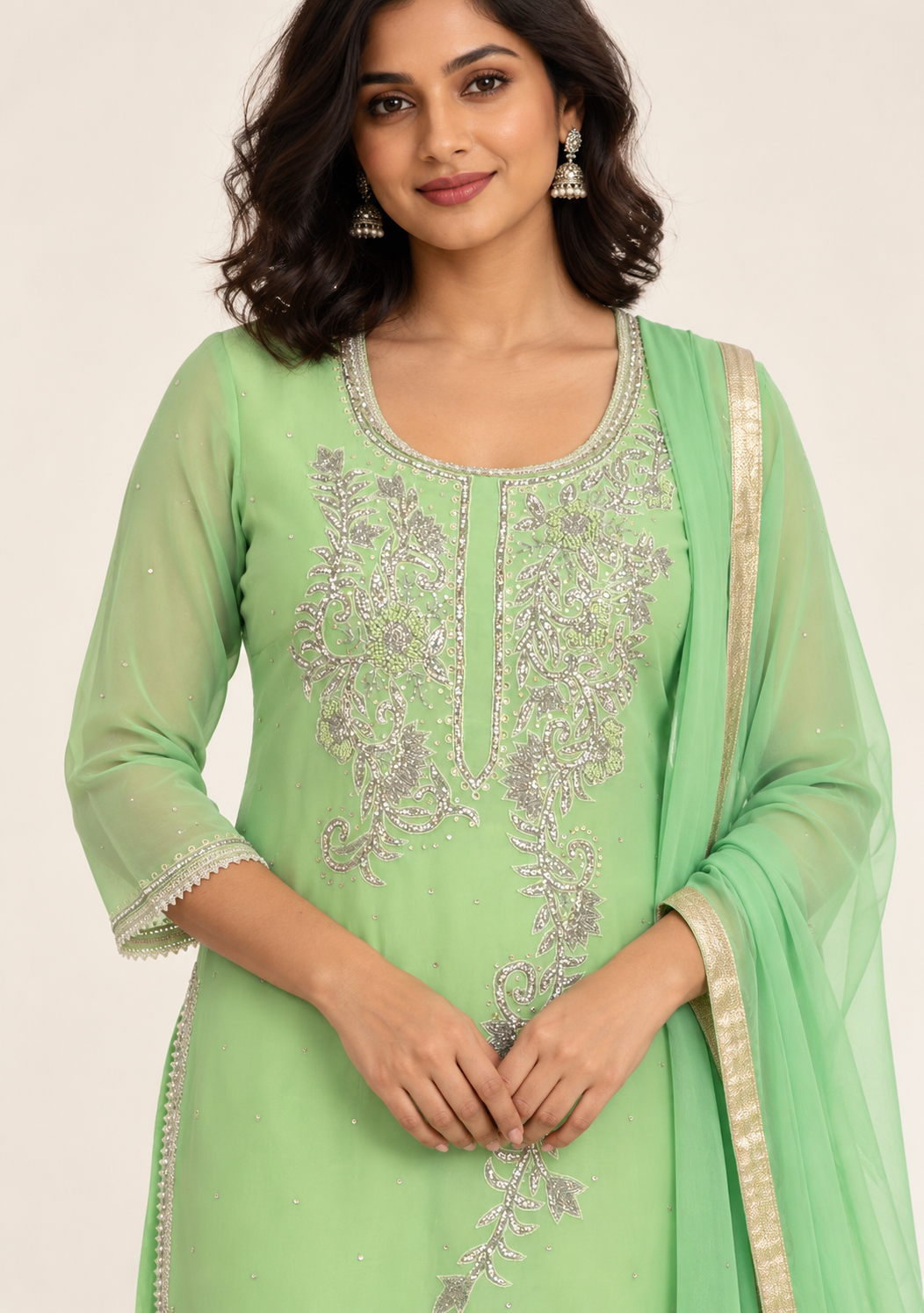 Minsu Mint Green Embroidered Suit with Trousers & Dupatta | ibBan