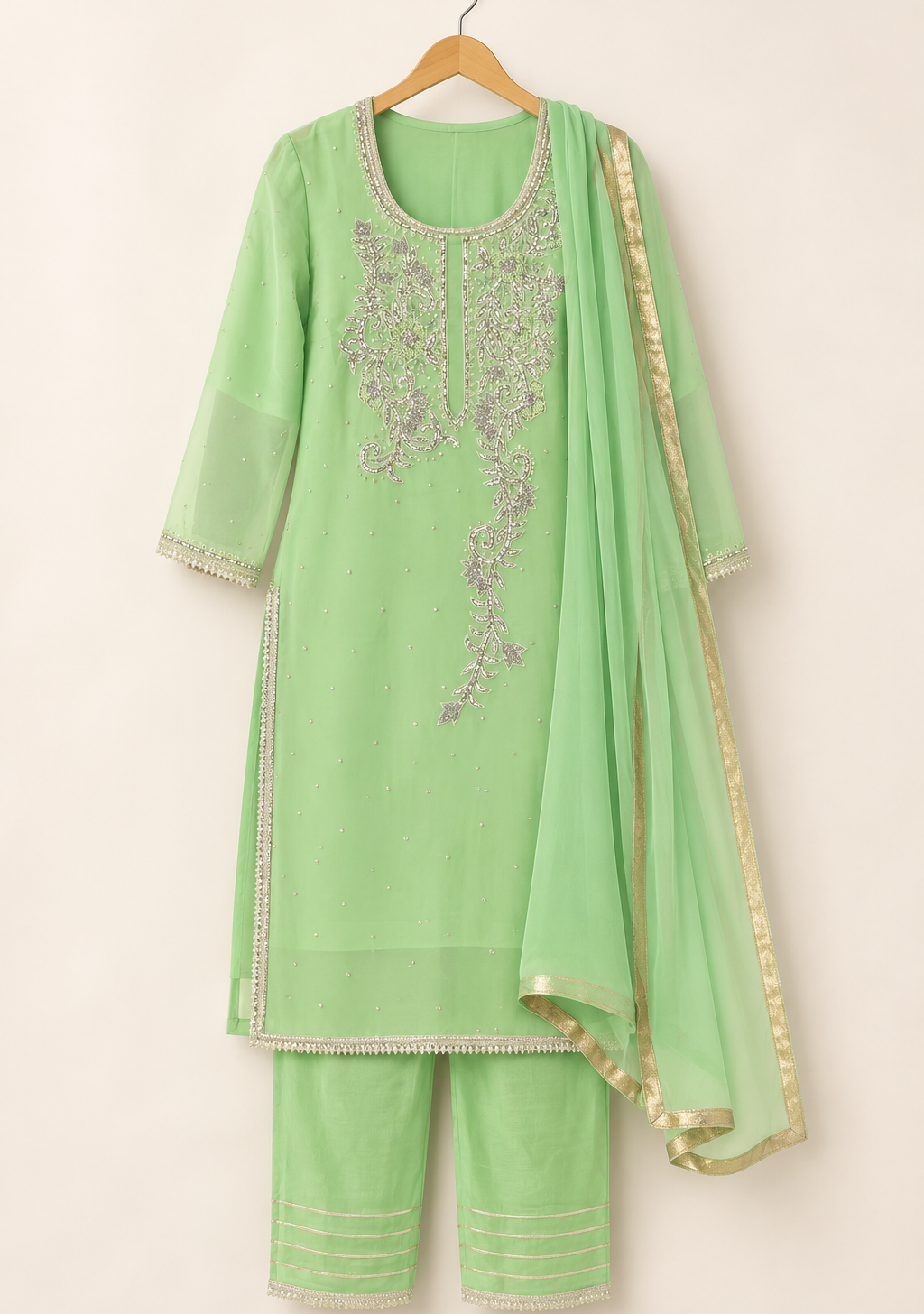 Minsu Mint Green Embroidered Suit with Trousers & Dupatta | ibBan