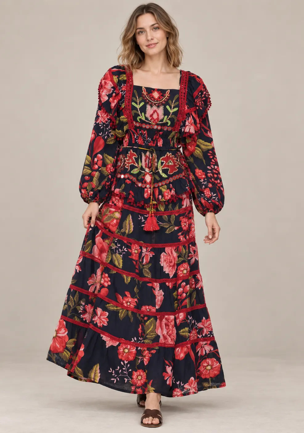 Black Floral Printed Cotton Maxi Dress with Hand Embroidery - Almasa