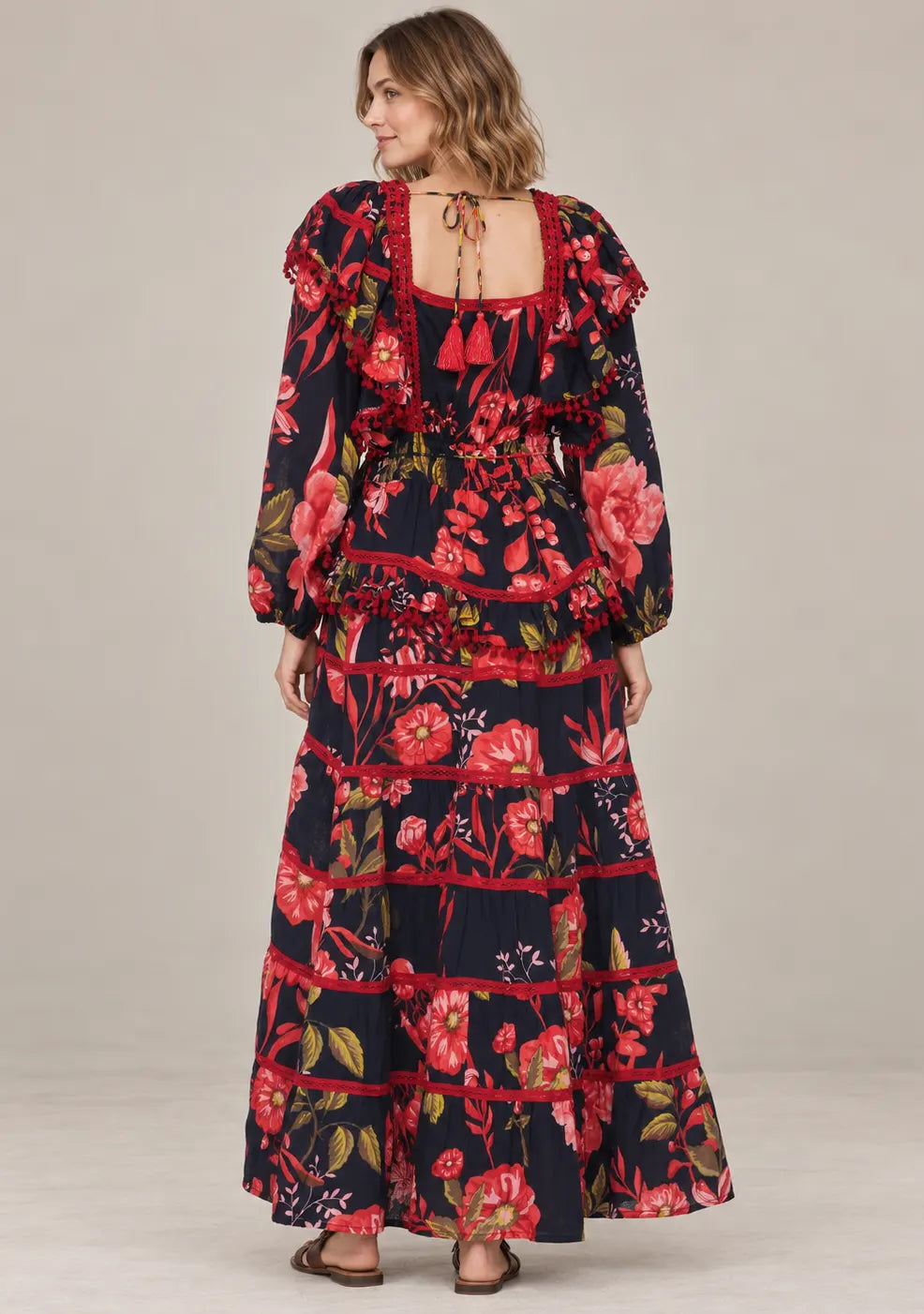 Black Floral Printed Cotton Maxi Dress with Hand Embroidery - Almasa