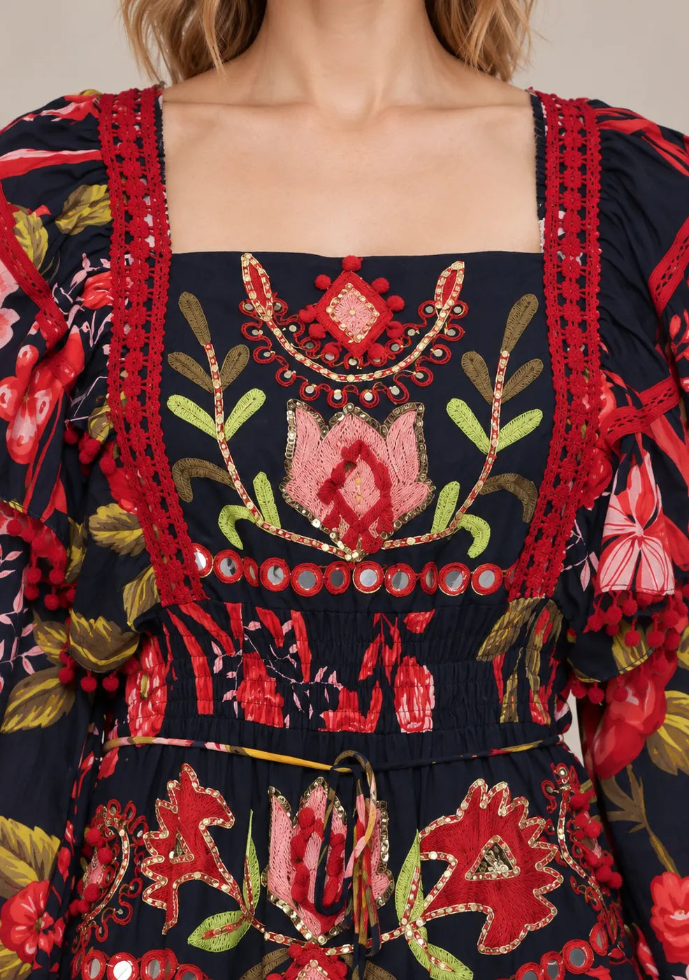 Black Floral Printed Cotton Maxi Dress with Hand Embroidery - Almasa