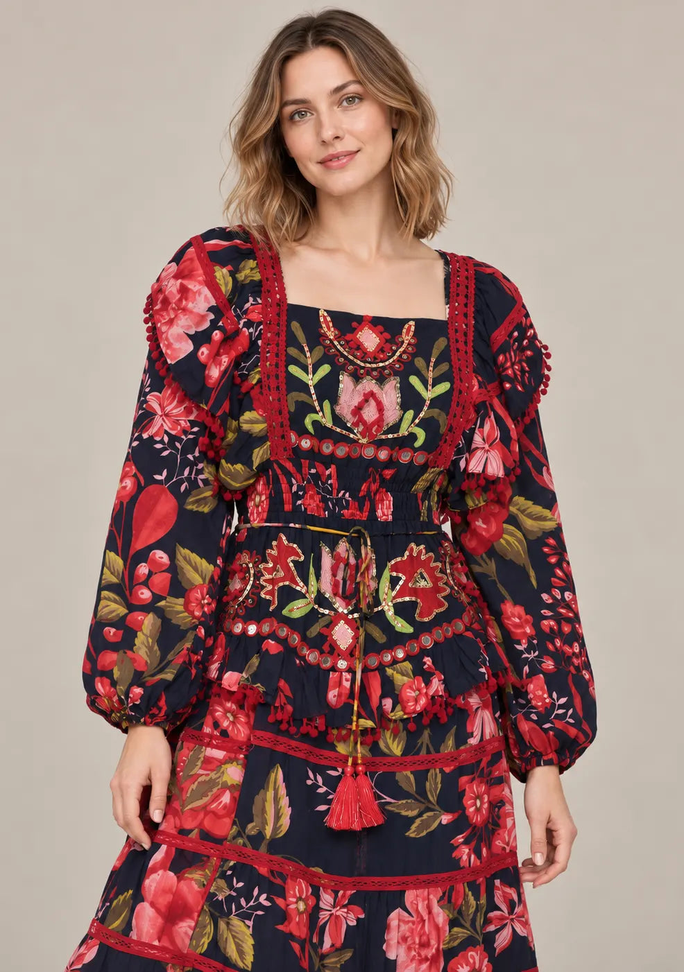 Black Floral Printed Cotton Maxi Dress with Hand Embroidery - Almasa