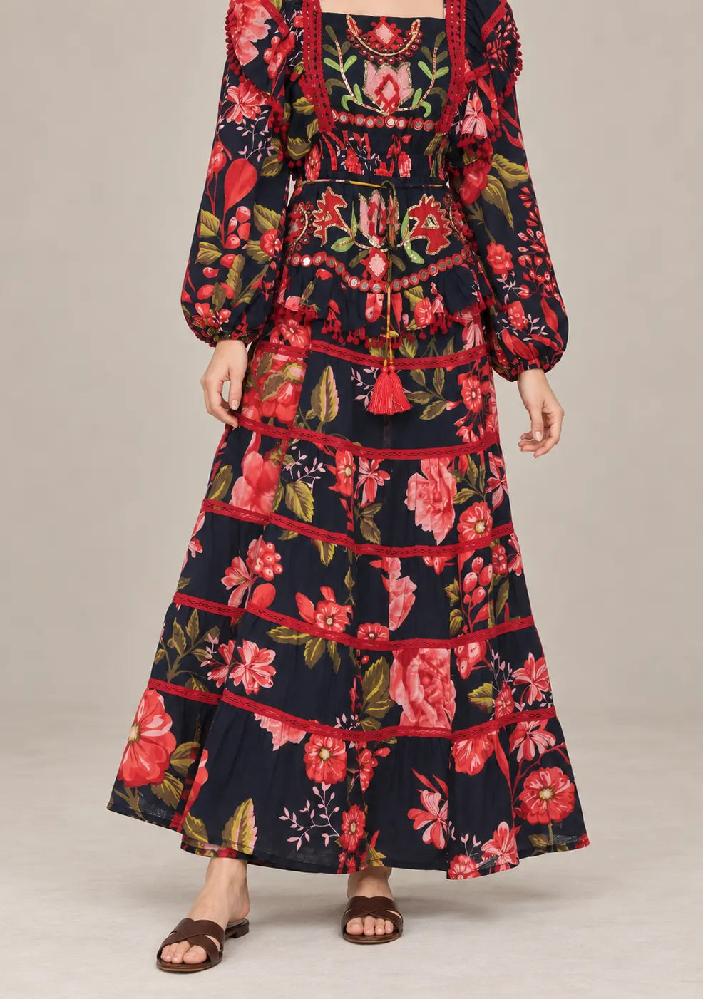 Black Floral Printed Cotton Maxi Dress with Hand Embroidery - Almasa
