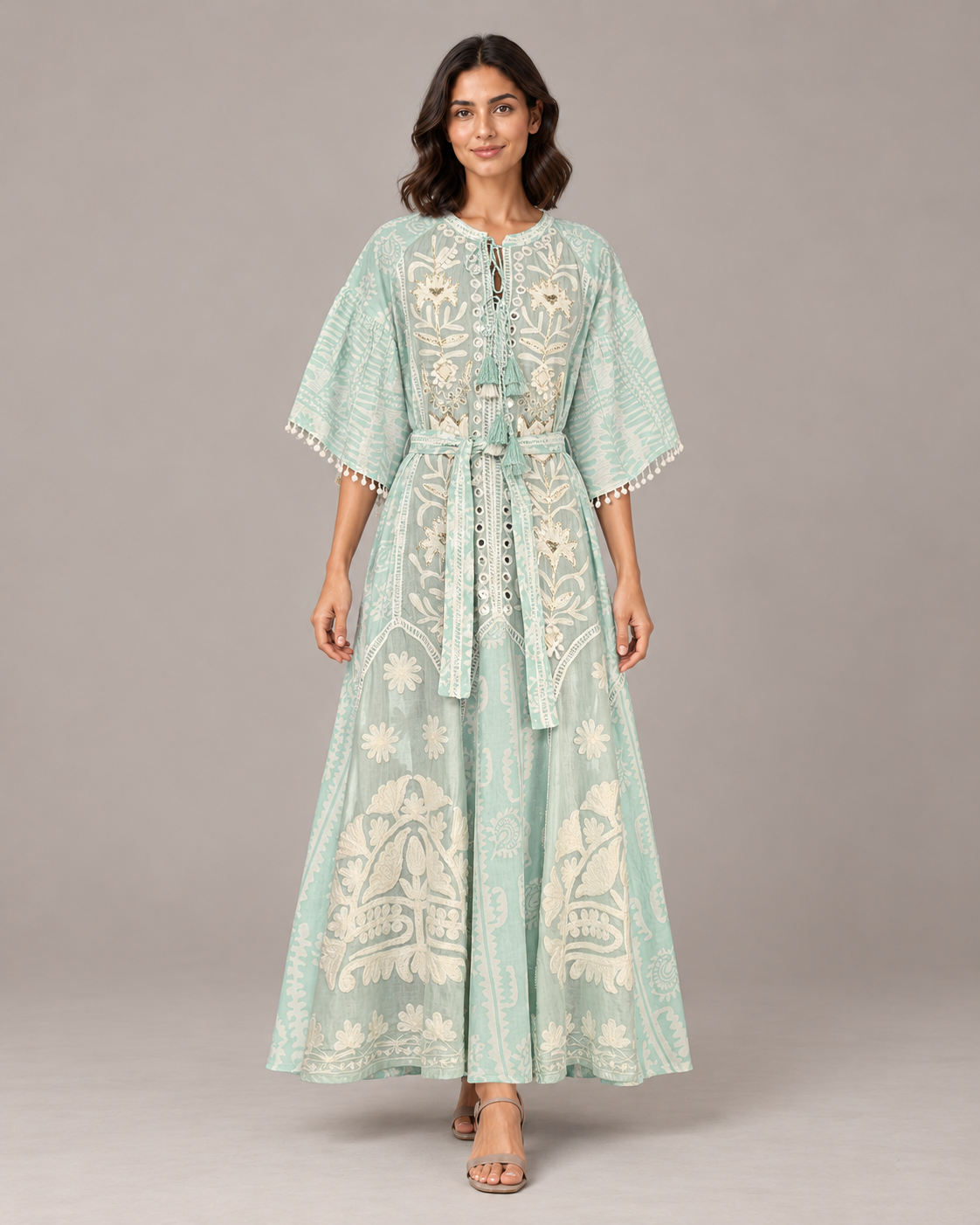 Botanical Embroidered Isha Maxi Dress with Belt & Bell Sleeves | ibBan