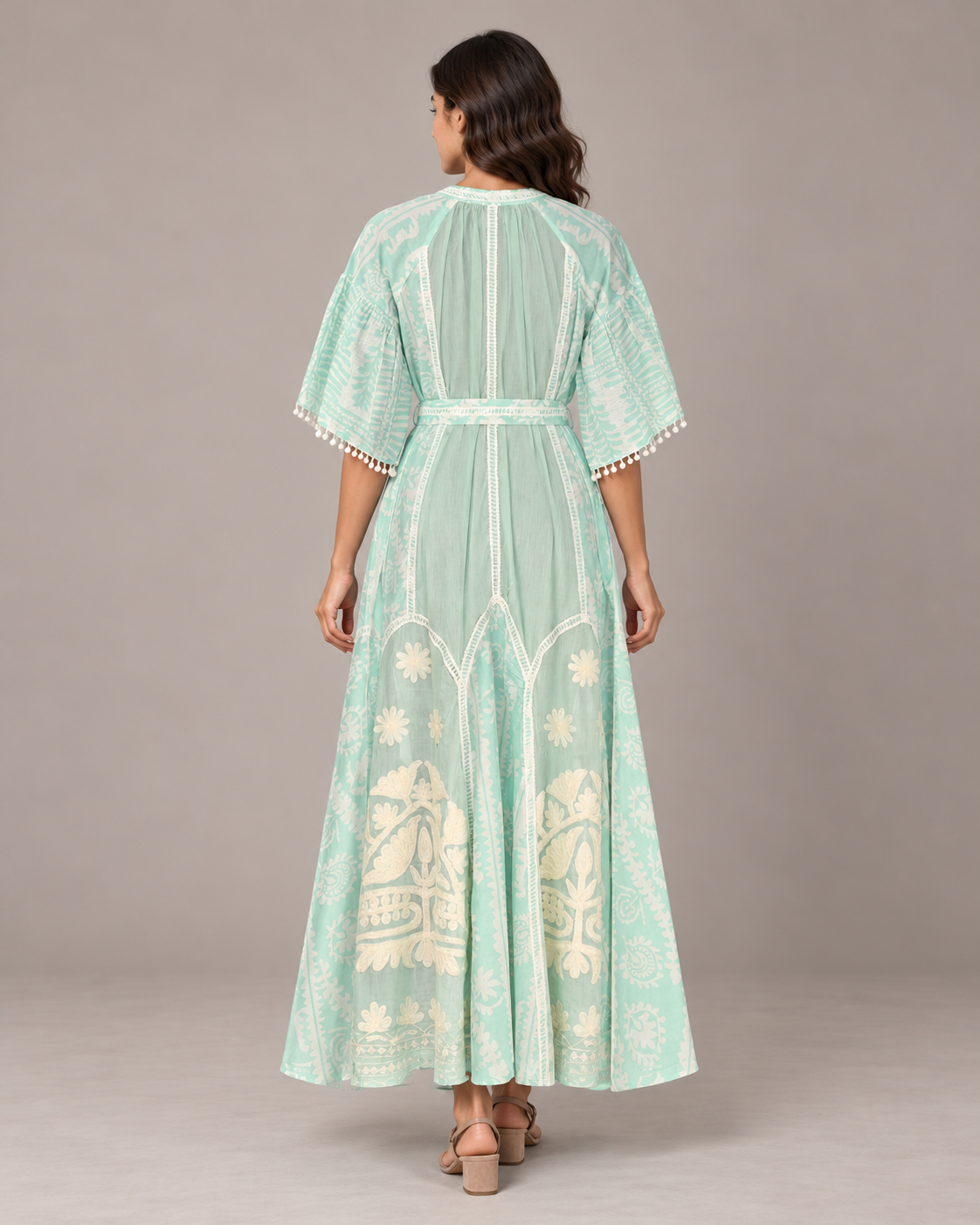 Botanical Embroidered Isha Maxi Dress with Belt & Bell Sleeves | ibBan