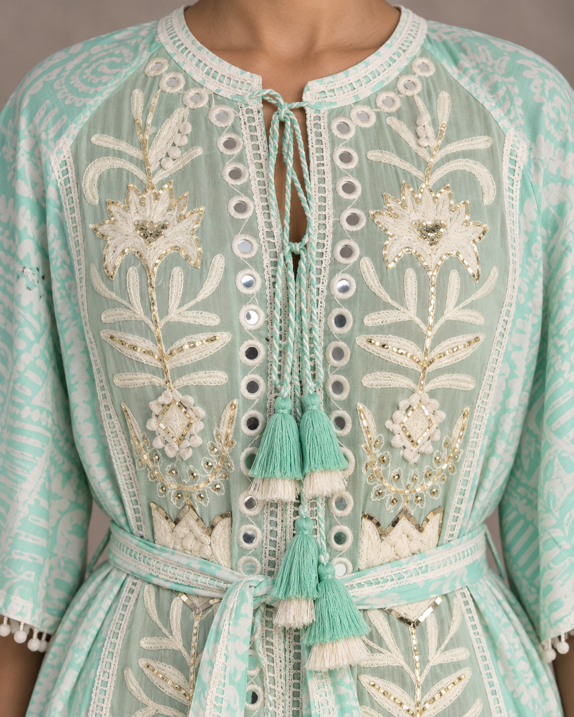 Botanical Embroidered Isha Maxi Dress with Belt & Bell Sleeves | ibBan
