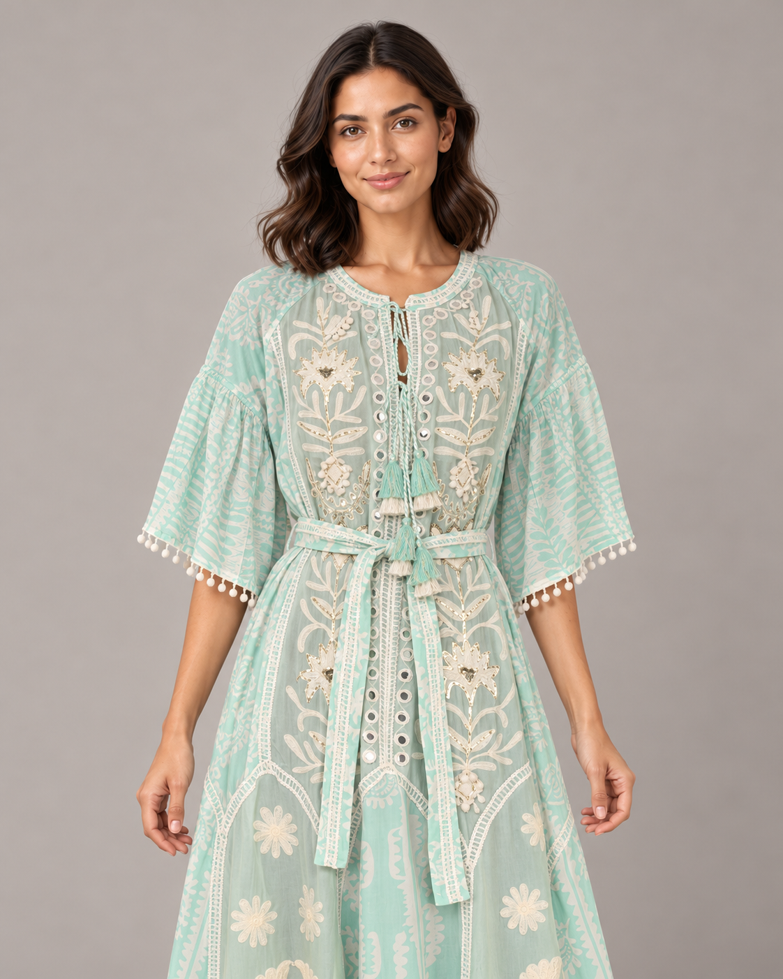 Botanical Embroidered Isha Maxi Dress with Belt & Bell Sleeves | ibBan