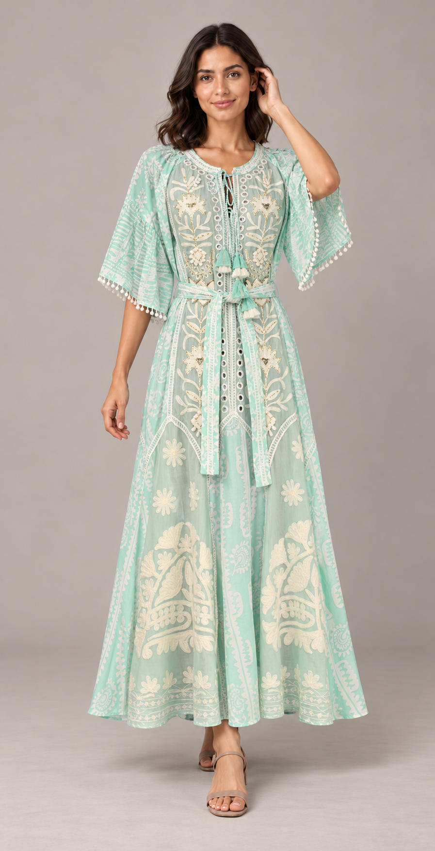 Botanical Embroidered Isha Maxi Dress with Belt & Bell Sleeves | ibBan