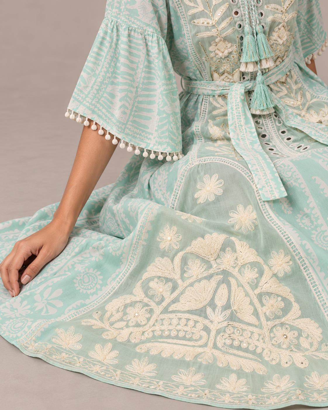 Botanical Embroidered Isha Maxi Dress with Belt & Bell Sleeves | ibBan