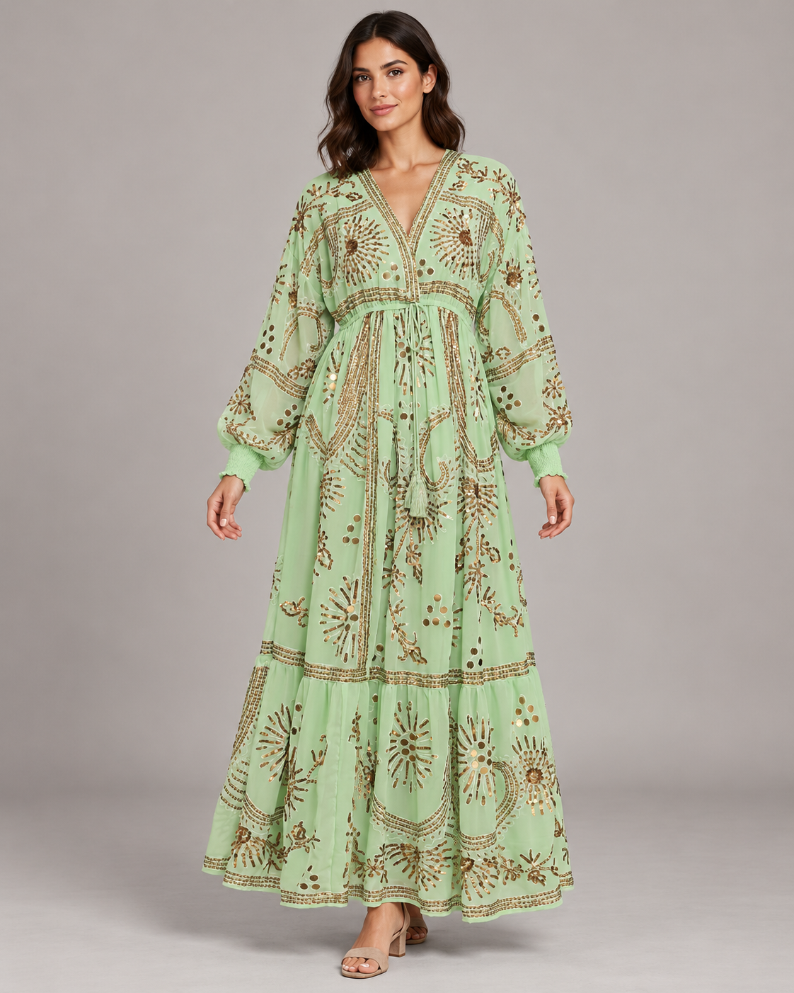 Yara Long Dress in Dusty Rose with Gold Embellishments | ibBan
