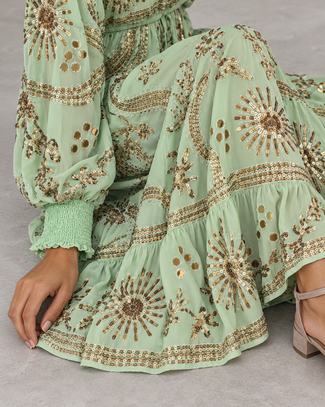 Yara Long Dress in Dusty Rose with Gold Embellishments | ibBan