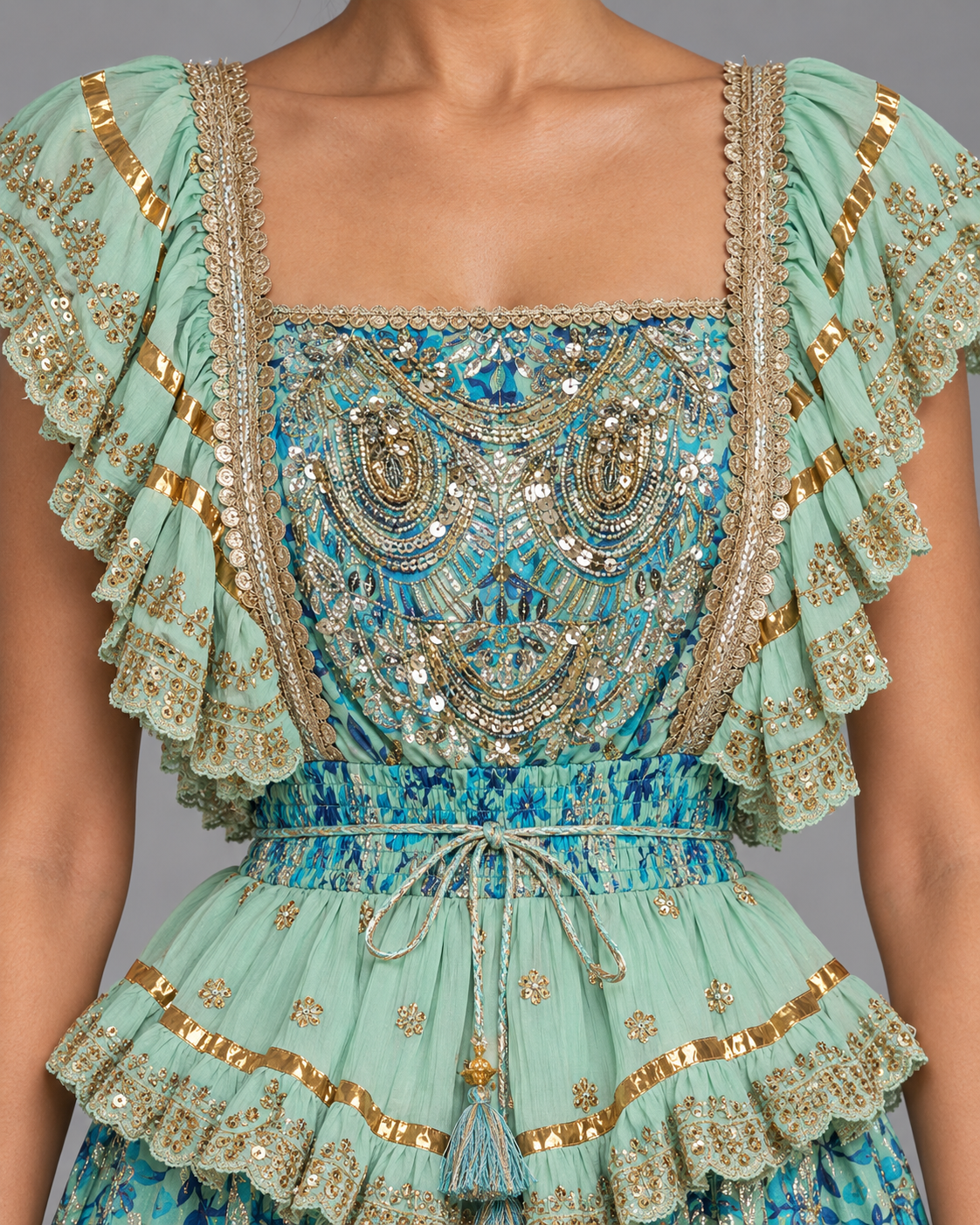 Gulab Floral Skirt Blouse Set with Ruffles & High-Low Hem | ibBan