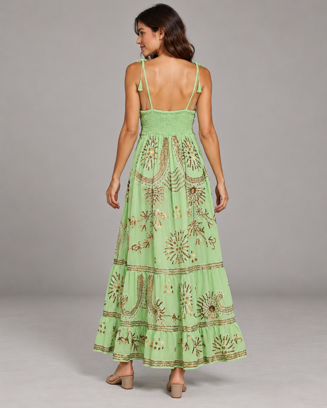 Yara Aqua Strap Dress with Crochet Bodice & Gold Details | ibBan