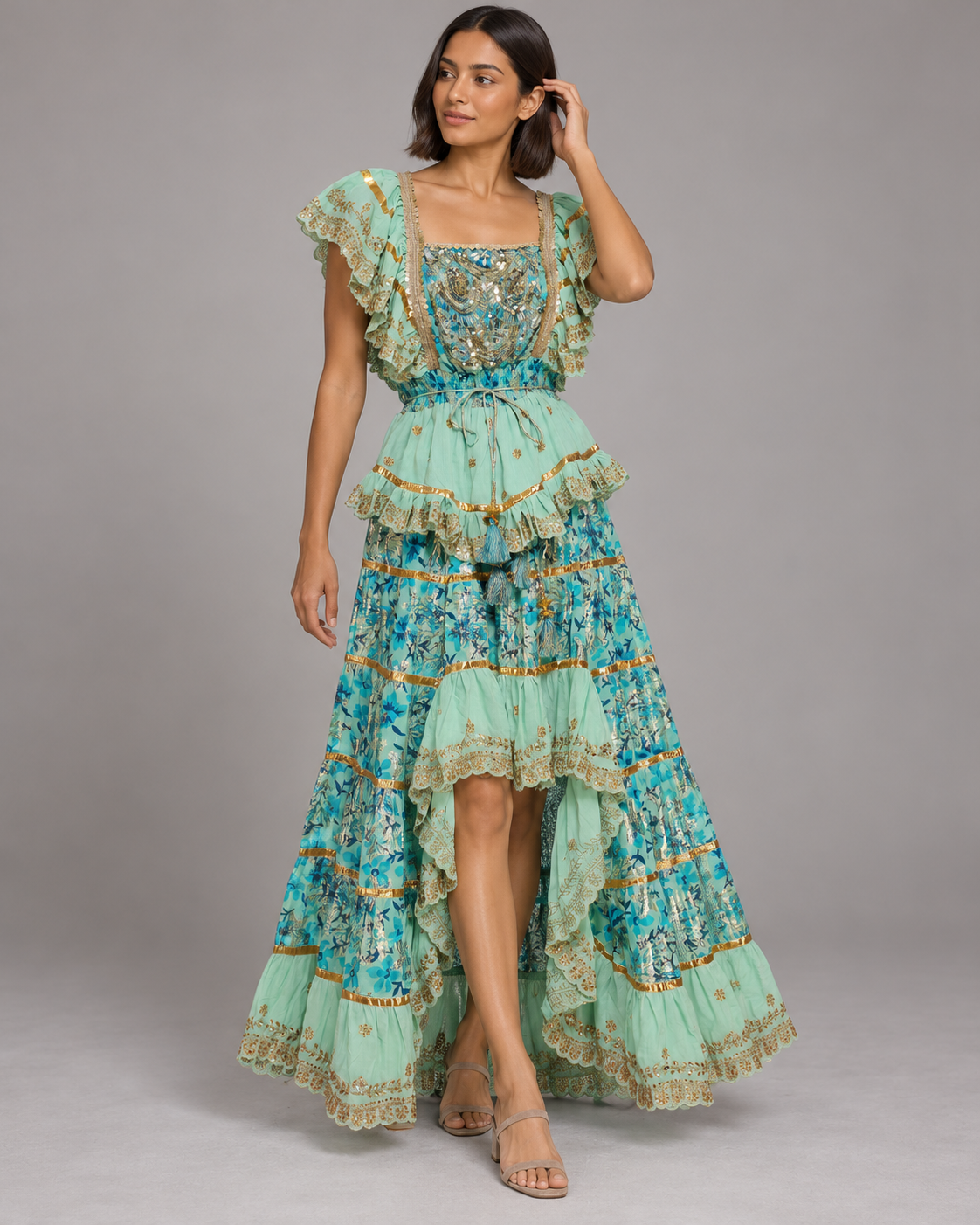 Gulab Floral Skirt Blouse Set with Ruffles & High-Low Hem | ibBan