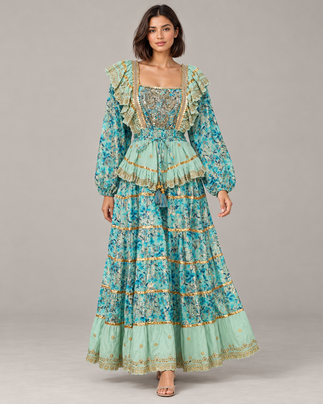 Gulab Long Dress with Square Neck & Floral Embroidery | ibBan