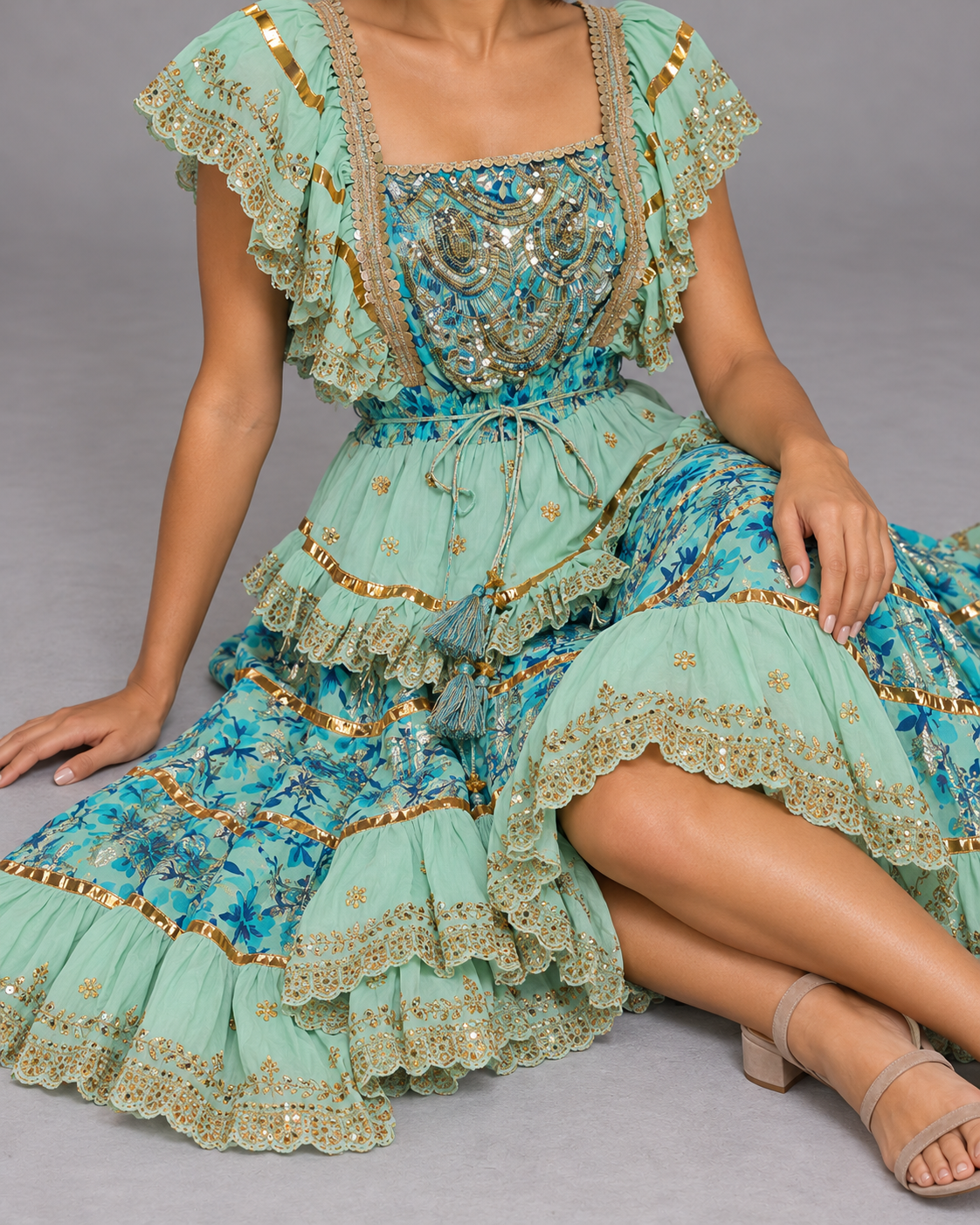 Gulab Long Dress with Floral Print & Metallic Embroidery | ibBan