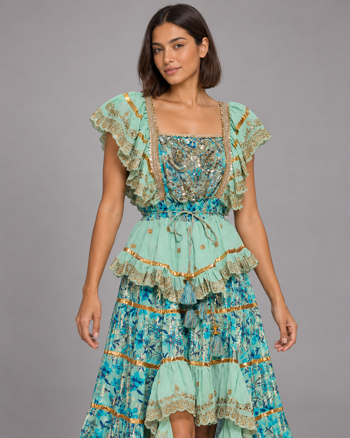 Gulab Long Dress with Floral Print & Metallic Embroidery | ibBan