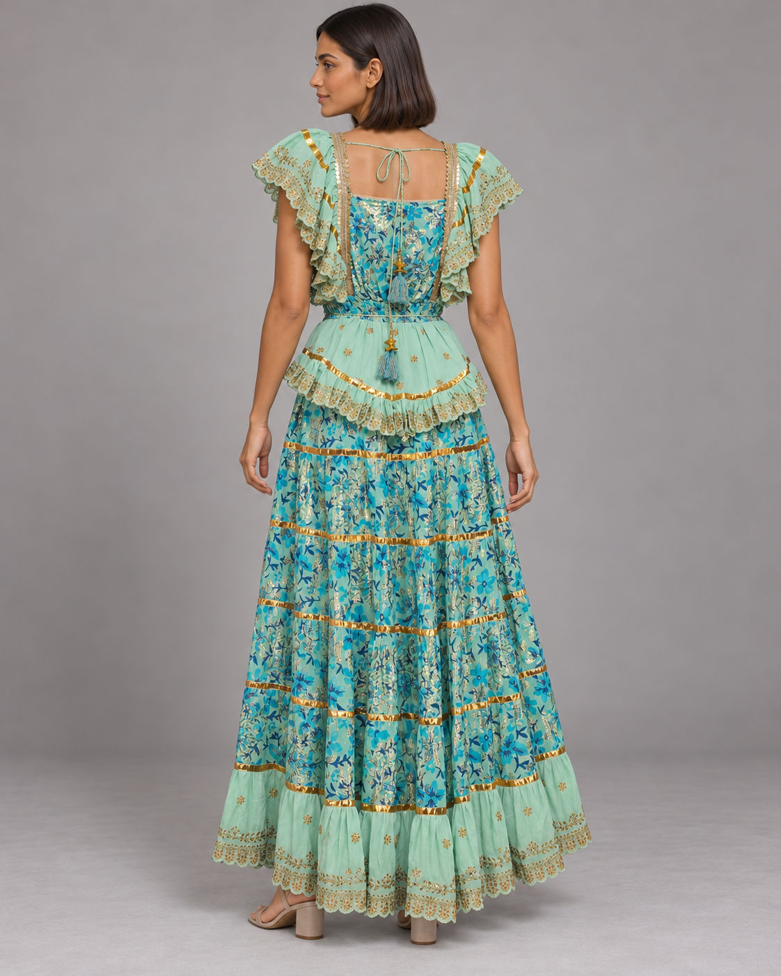 Gulab Floral Skirt Blouse Set with Ruffles & High-Low Hem | ibBan