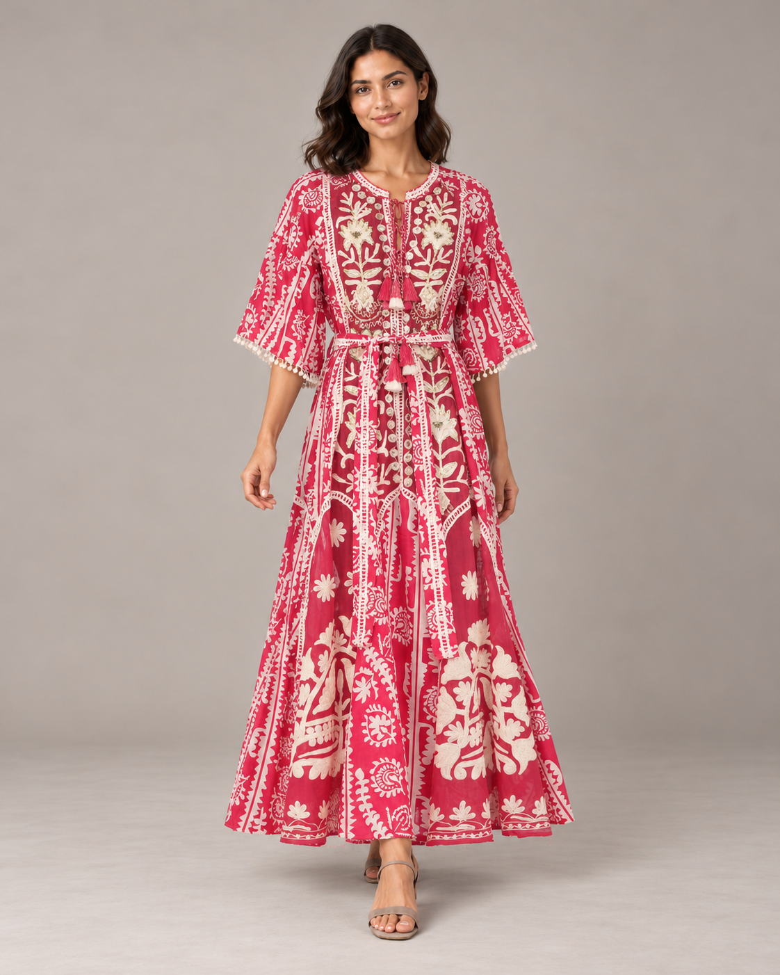Floral Embroidered Nancy Maxi Dress with Bell Sleeves & Belt | ibBan