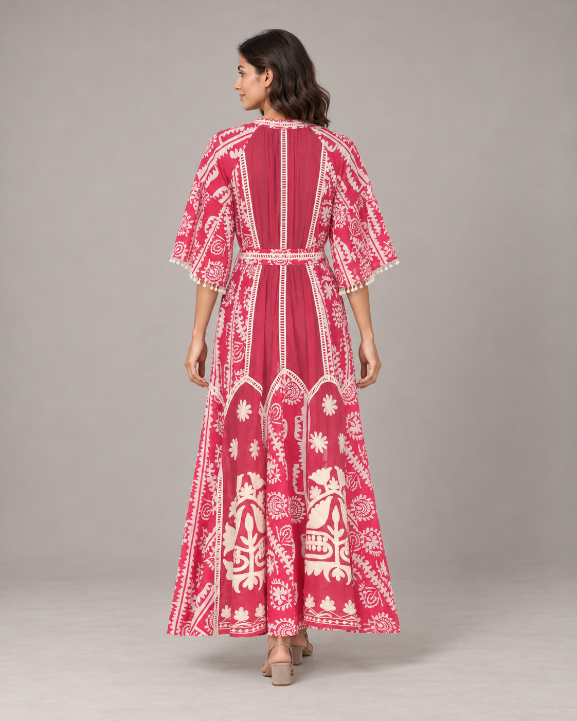 Floral Embroidered Nancy Maxi Dress with Bell Sleeves & Belt | ibBan
