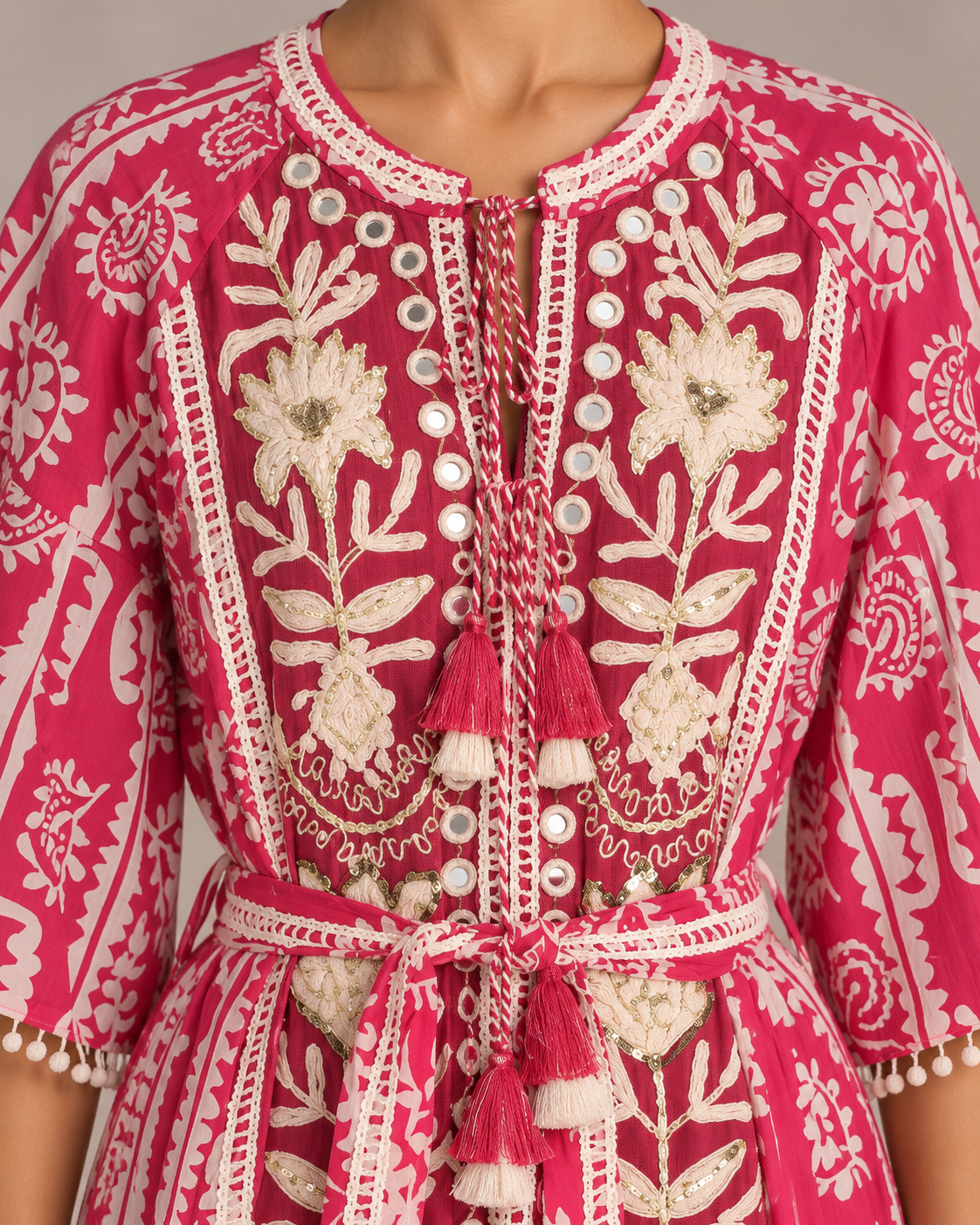 Floral Embroidered Nancy Maxi Dress with Bell Sleeves & Belt | ibBan