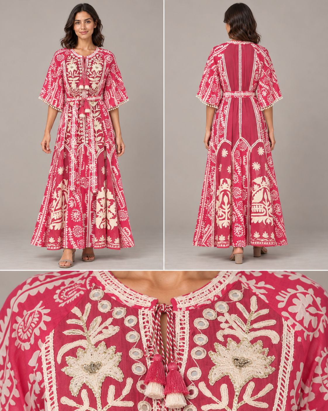 Floral Embroidered Nancy Maxi Dress with Bell Sleeves & Belt | ibBan