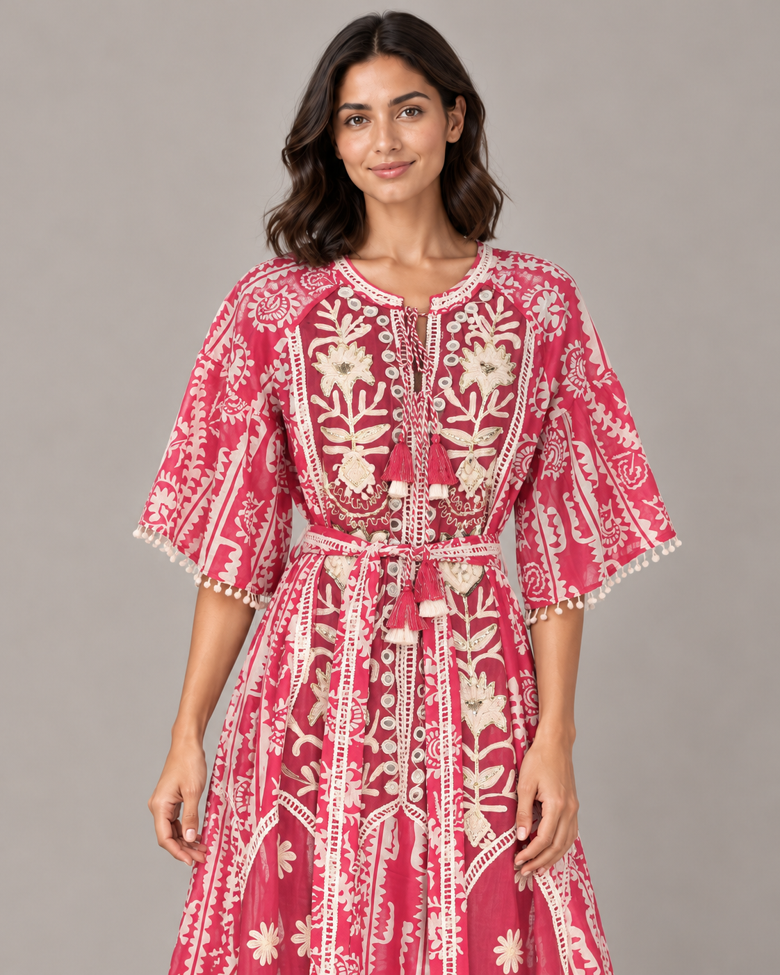 Floral Embroidered Nancy Maxi Dress with Bell Sleeves & Belt | ibBan