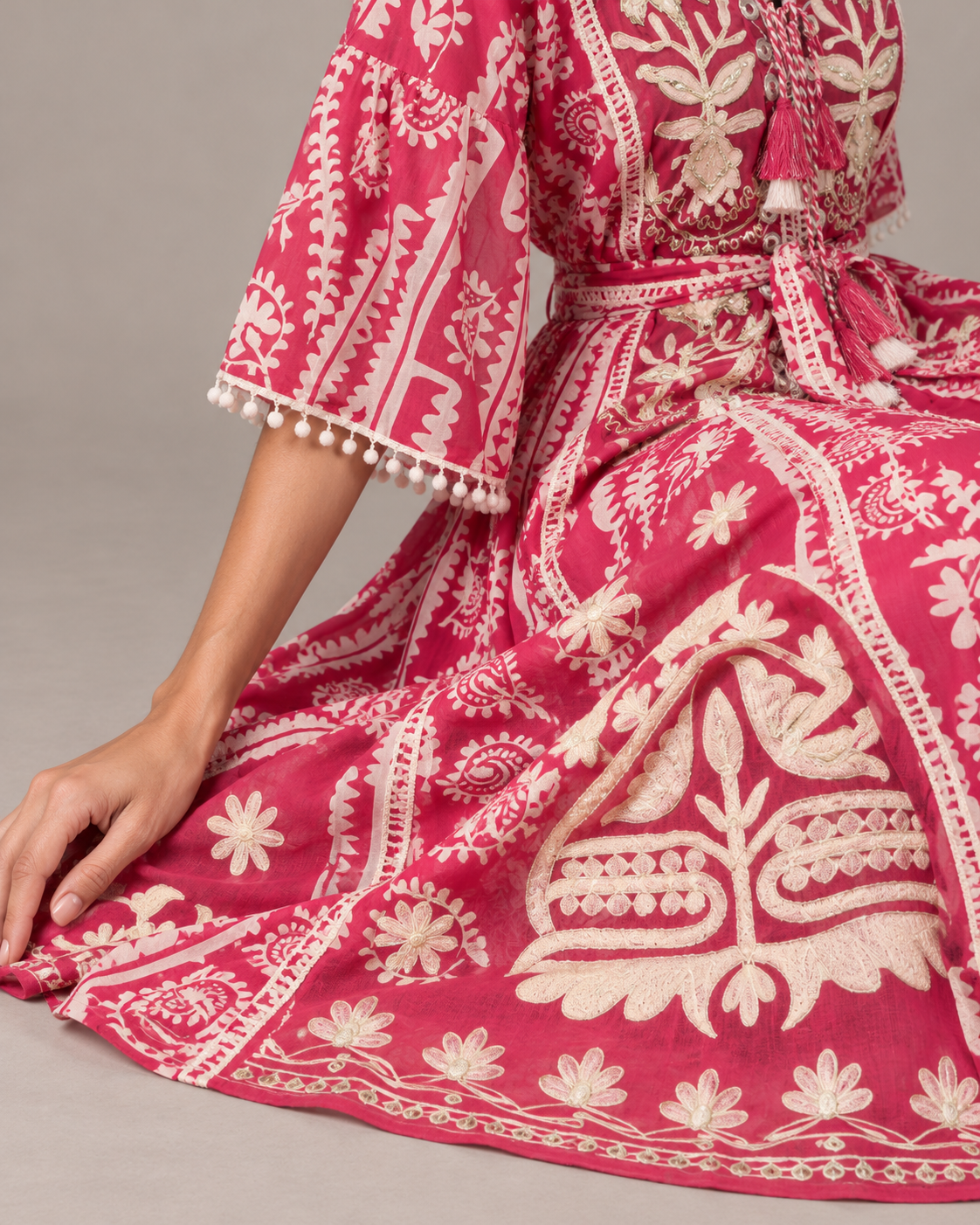 Floral Embroidered Nancy Maxi Dress with Bell Sleeves & Belt | ibBan