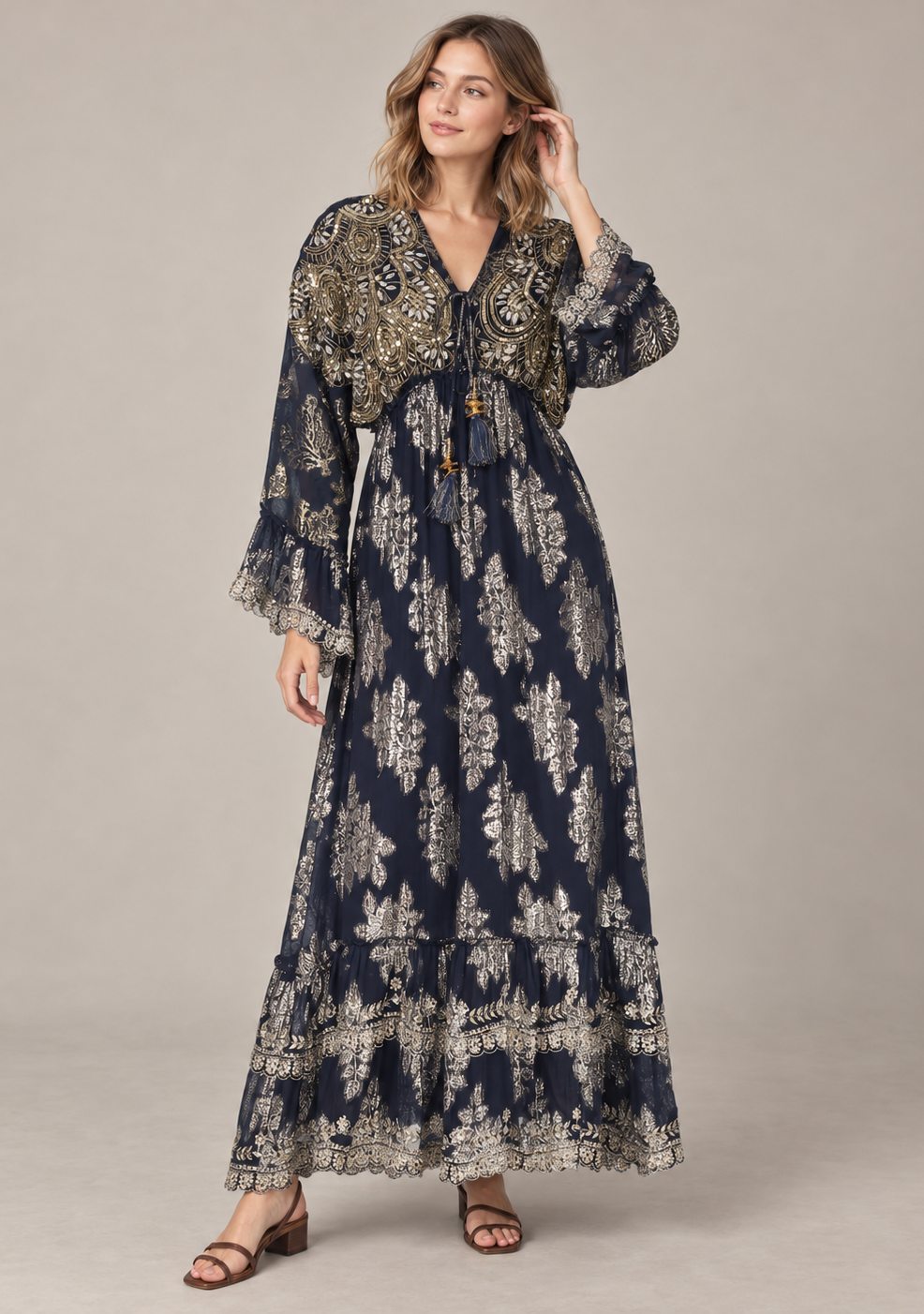 Sofiya Black & Gold Long Dress with Bell Sleeves & Tassel Ties | ibBan
