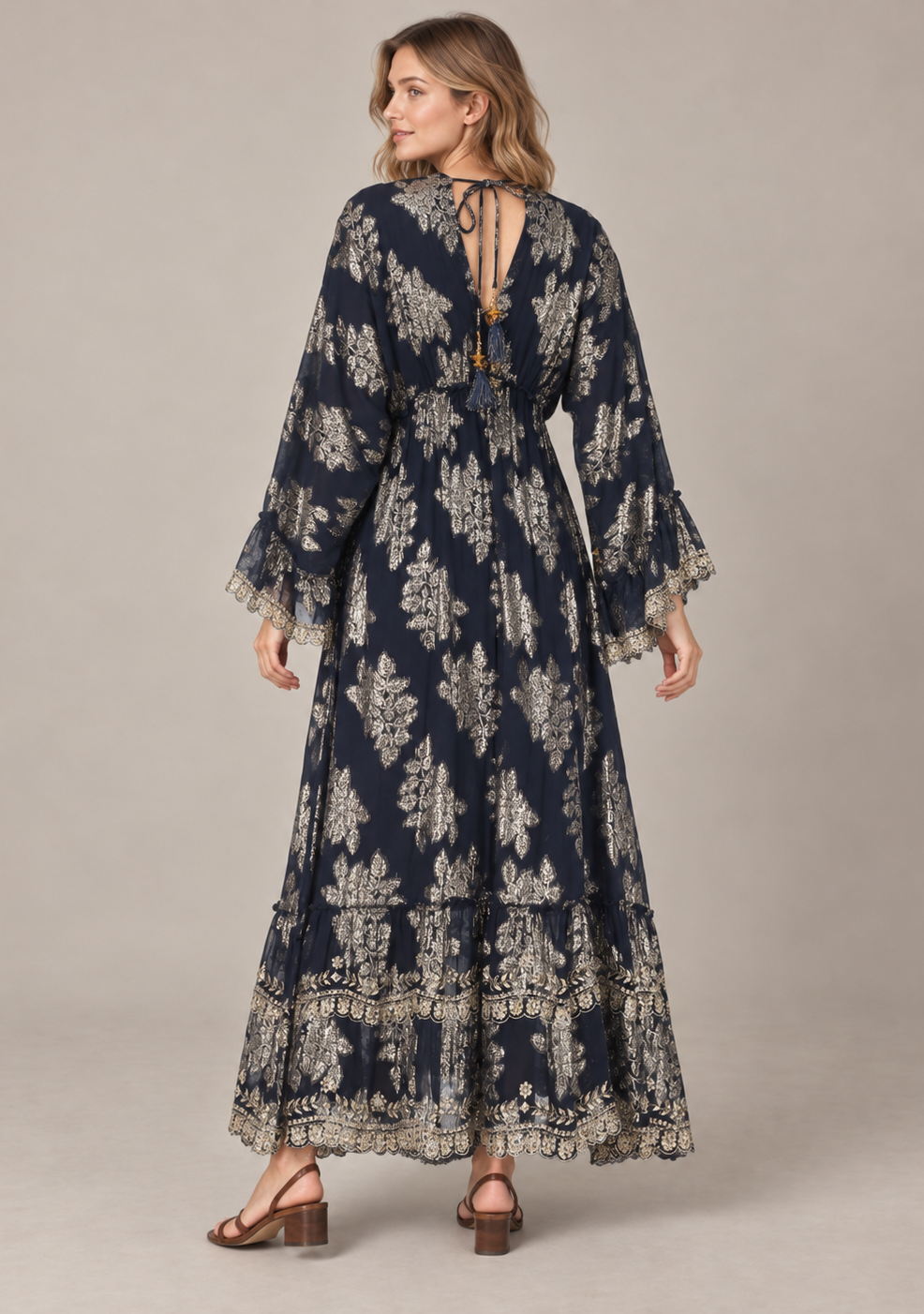Sofiya Black & Gold Long Dress with Bell Sleeves & Tassel Ties | ibBan