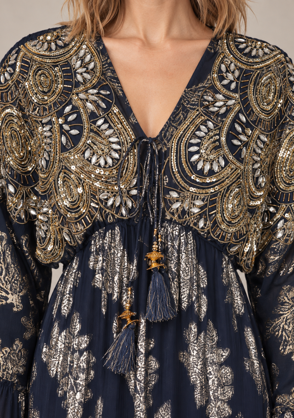 Sofiya Black & Gold Long Dress with Bell Sleeves & Tassel Ties | ibBan