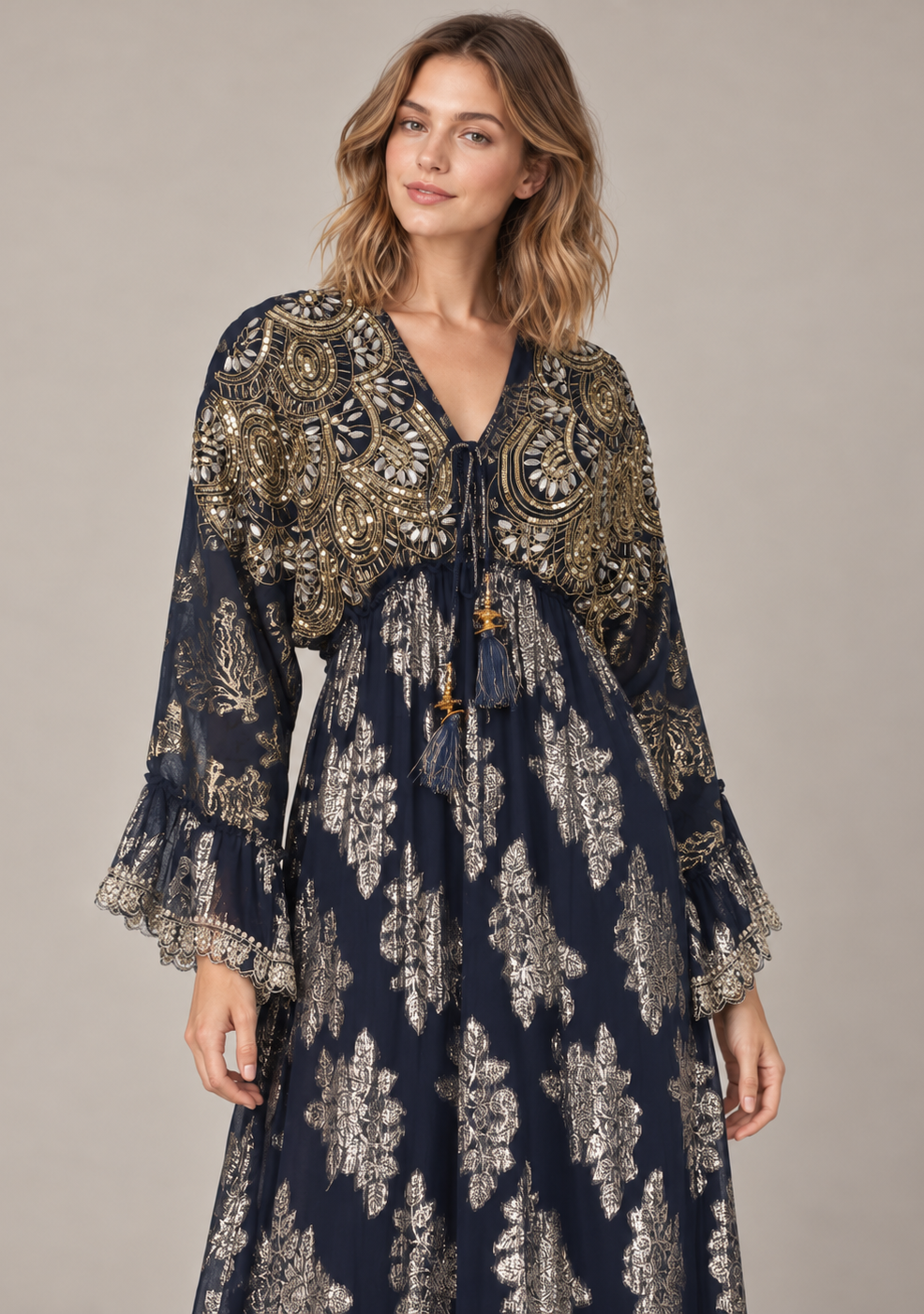 Sofiya Black & Gold Long Dress with Bell Sleeves & Tassel Ties | ibBan