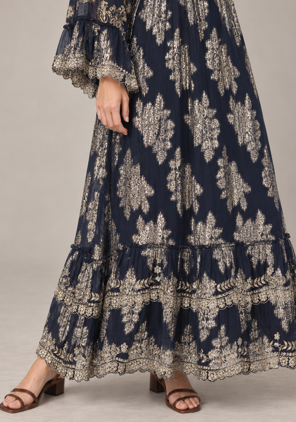Sofiya Black & Gold Long Dress with Bell Sleeves & Tassel Ties | ibBan