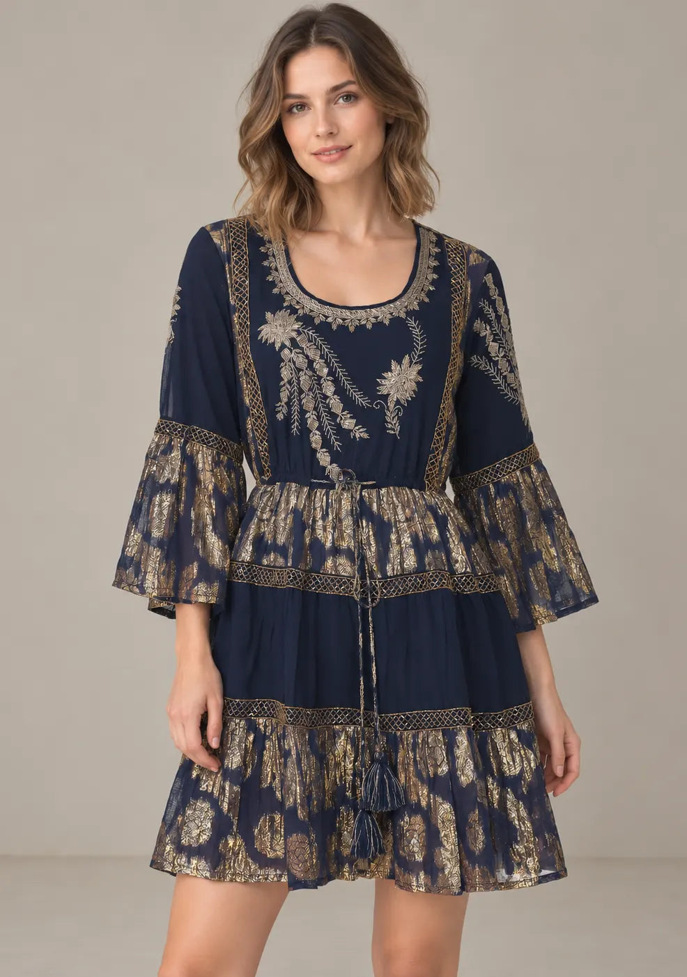Women’s Cotton Lurex Embroidered Short Tunic Dress - Soha