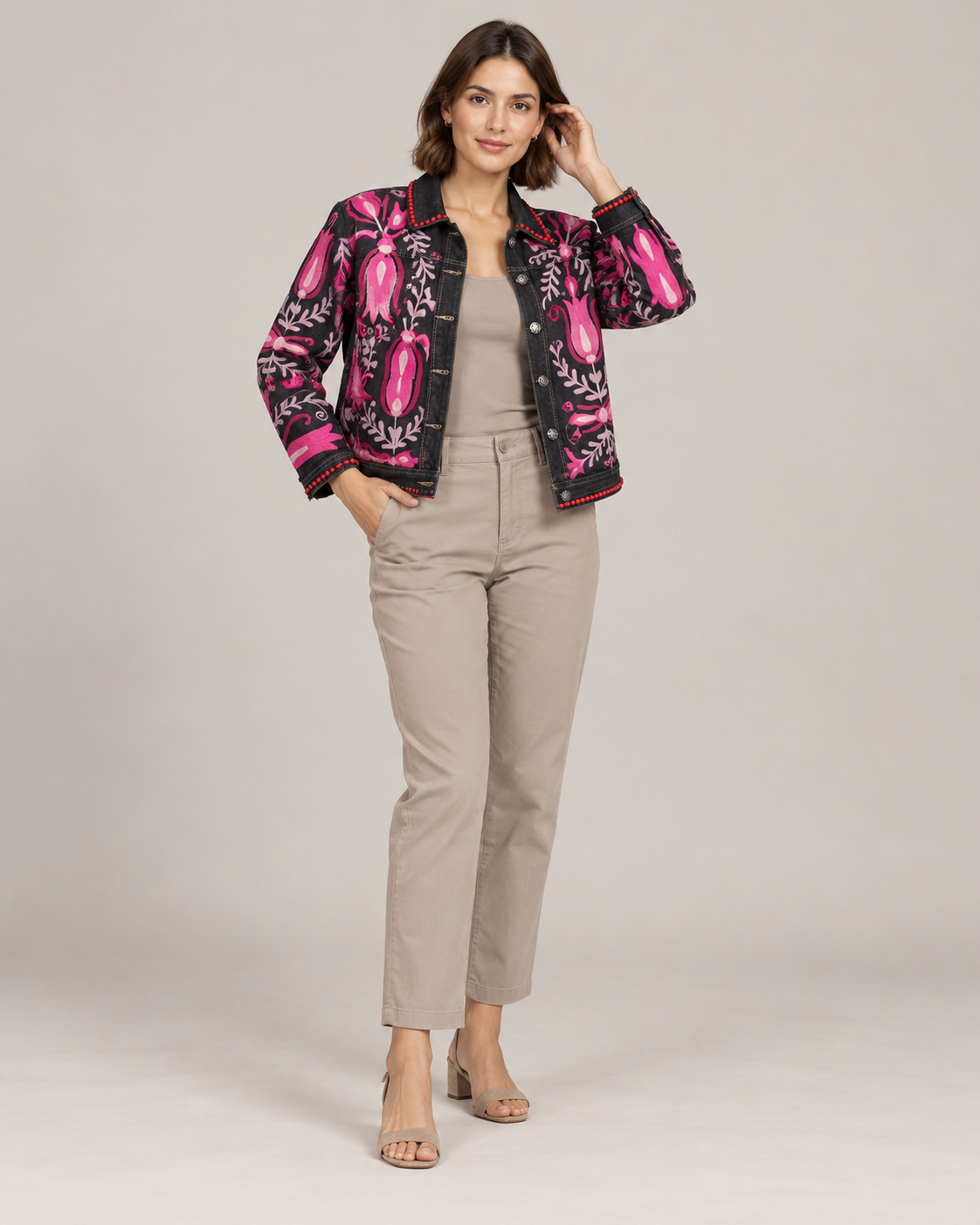 Gulnaar Black Denim Jacket with Pink Floral Embroidery | ibBan