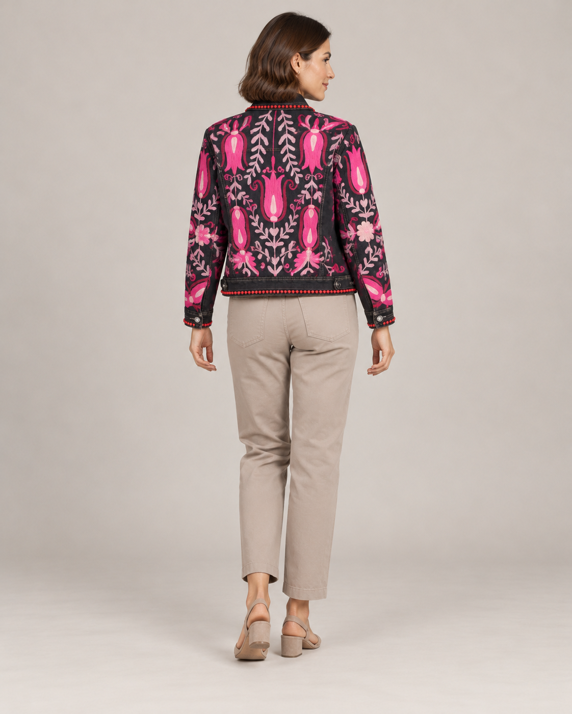 Gulnaar Black Denim Jacket with Pink Floral Embroidery | ibBan