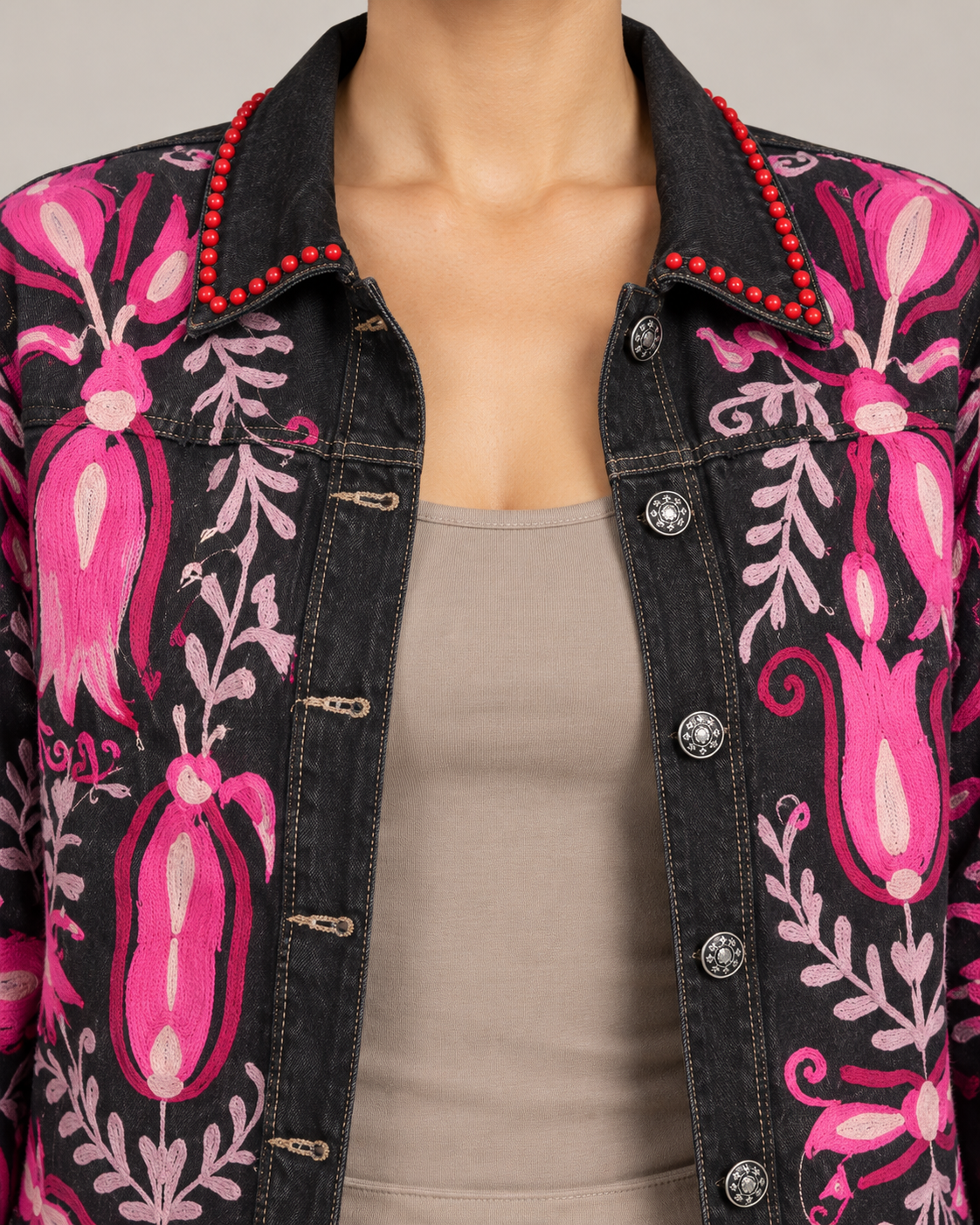 Gulnaar Black Denim Jacket with Pink Floral Embroidery | ibBan