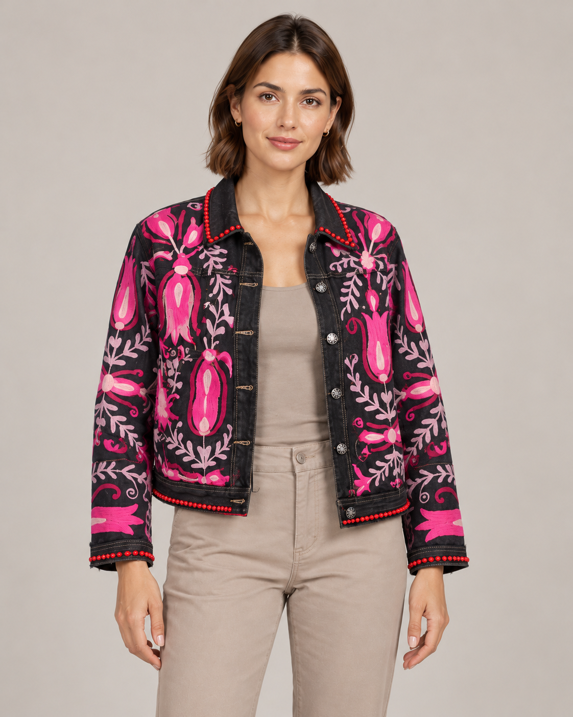 Gulnaar Black Denim Jacket with Pink Floral Embroidery | ibBan
