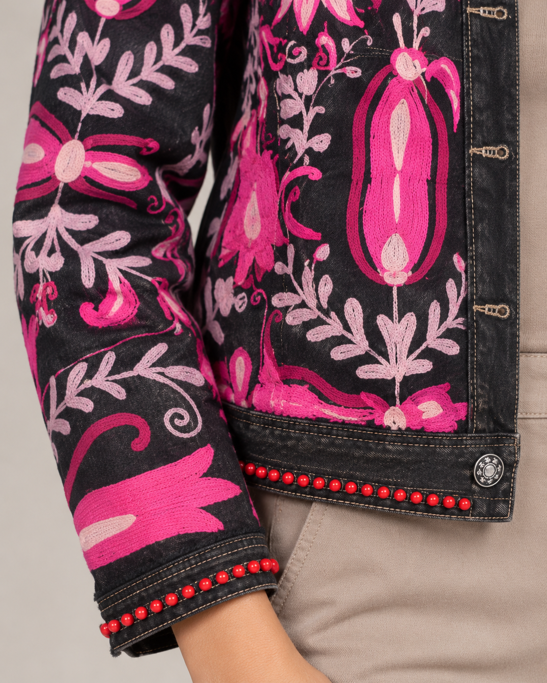 Gulnaar Black Denim Jacket with Pink Floral Embroidery | ibBan