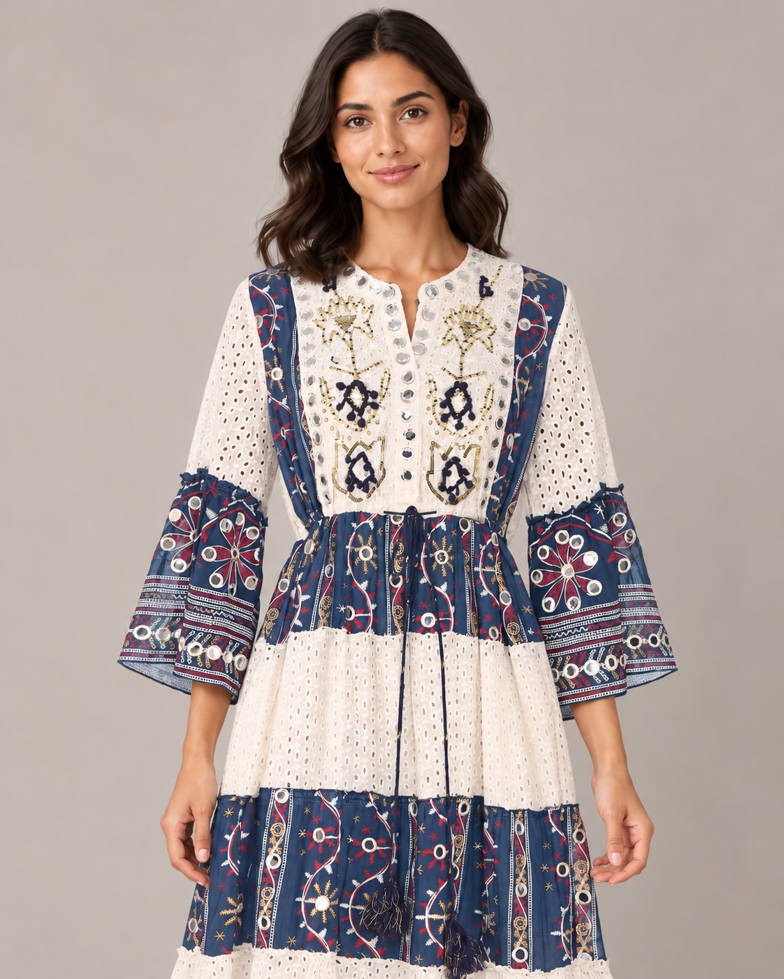 Embroidered Eyelet Mansi Long Tunic with Bell Sleeves | ibBan