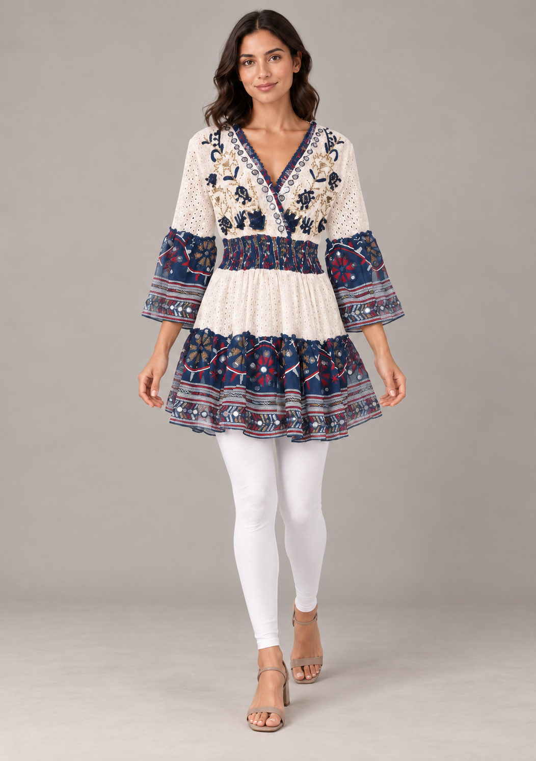 Embroidered Eyelet Mansi Short Dress with V-Neck & Bell Sleeves | ibBan