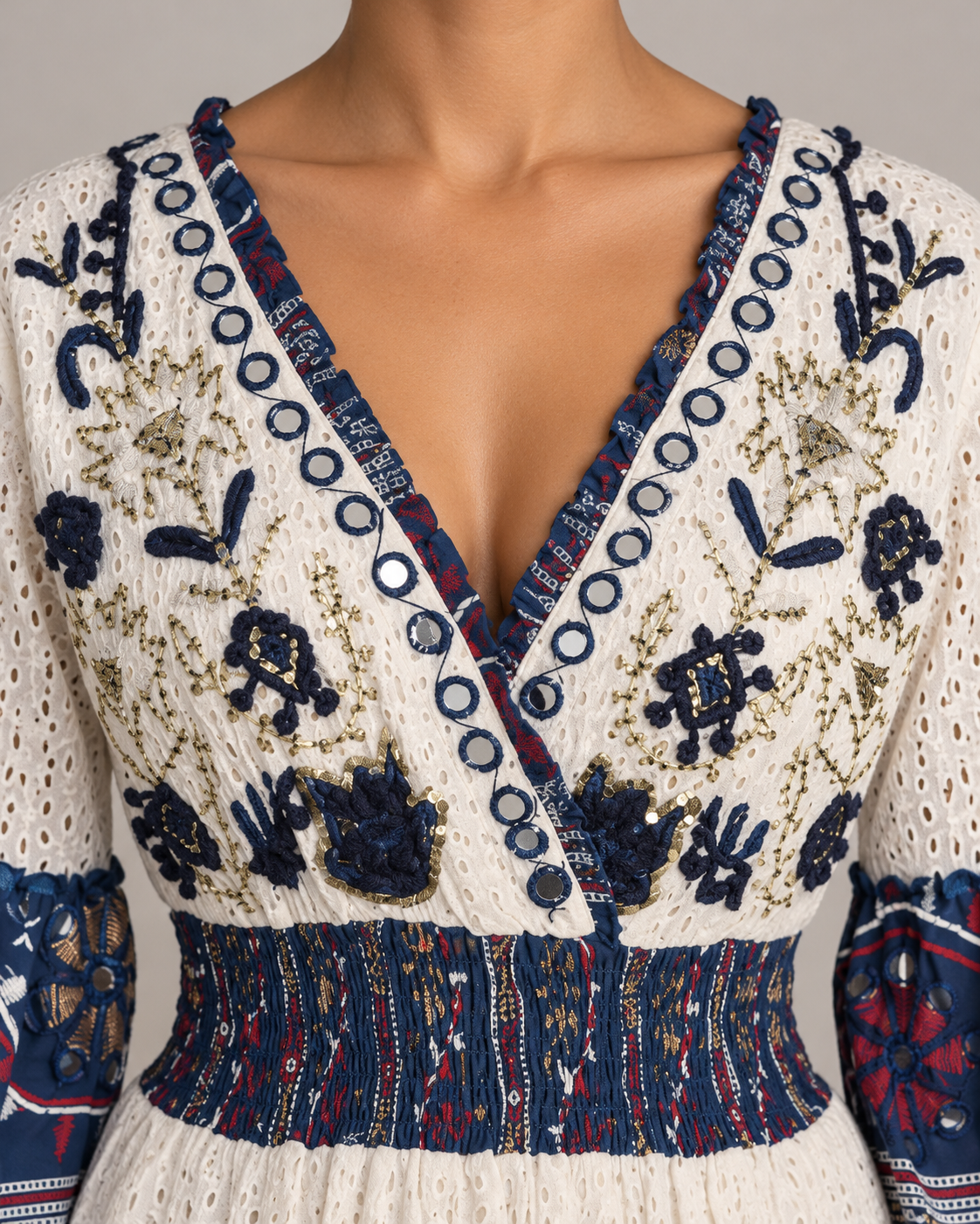 Embroidered Eyelet Mansi Short Dress with V-Neck & Bell Sleeves | ibBan