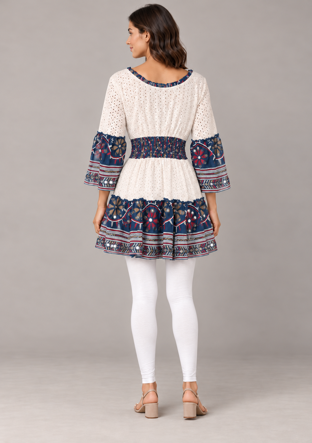 Embroidered Eyelet Mansi Short Dress with V-Neck & Bell Sleeves | ibBan