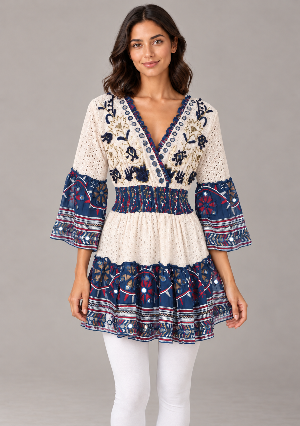 Embroidered Eyelet Mansi Short Dress with V-Neck & Bell Sleeves | ibBan