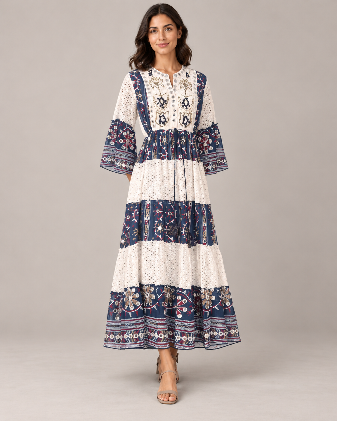 Embroidered Eyelet Mansi Long Tunic with Bell Sleeves | ibBan