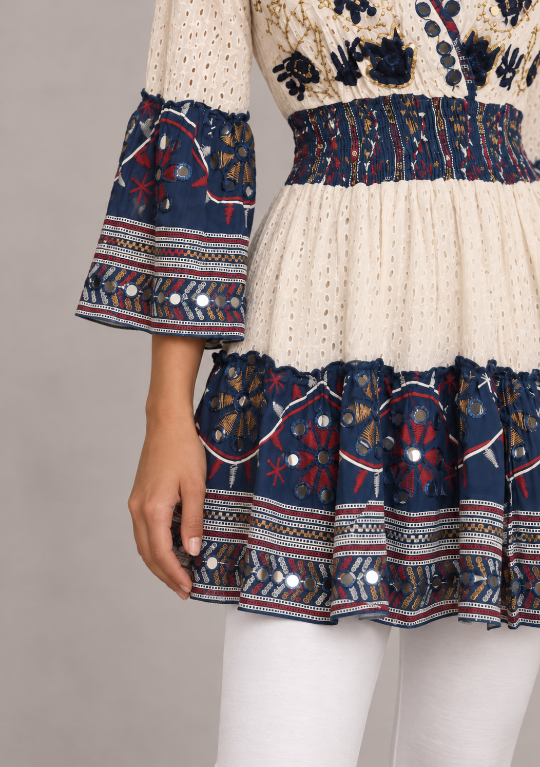 Embroidered Eyelet Mansi Short Dress with V-Neck & Bell Sleeves | ibBan