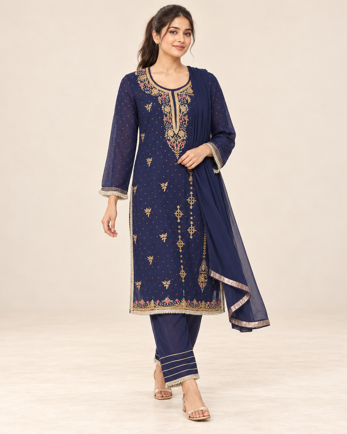 Anchal Navy Blue Embroidered Suit with Dupatta | ibBan